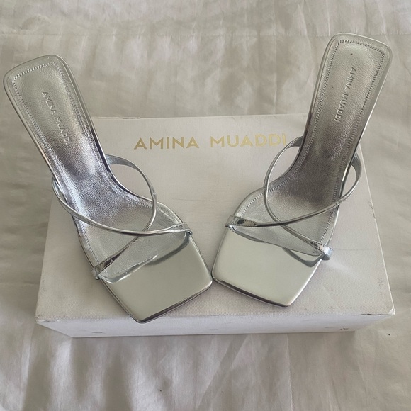 ✨ NEW! Authentic! Amina Muaddi Silver Strappy Heels – Size 38.5 ✨ Mules - Picture 8 of 15